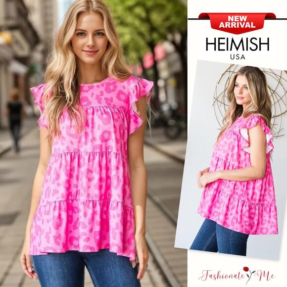 Heimish Tiered Leopard Pattern Ruffled Cap Sleeves Round Neck Blouse | Fuchsia - Picture 1 of 10